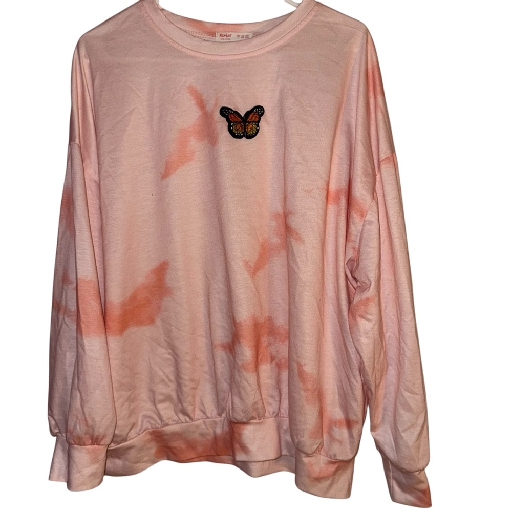 ROMWE Butterfly Embroidery Orange Tie-Dye Oversized Sweatshirt (L)